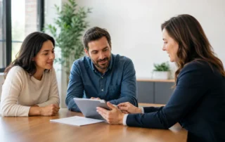 Small business owners meeting with a benefits consultant to review health insurance options in a modern office.