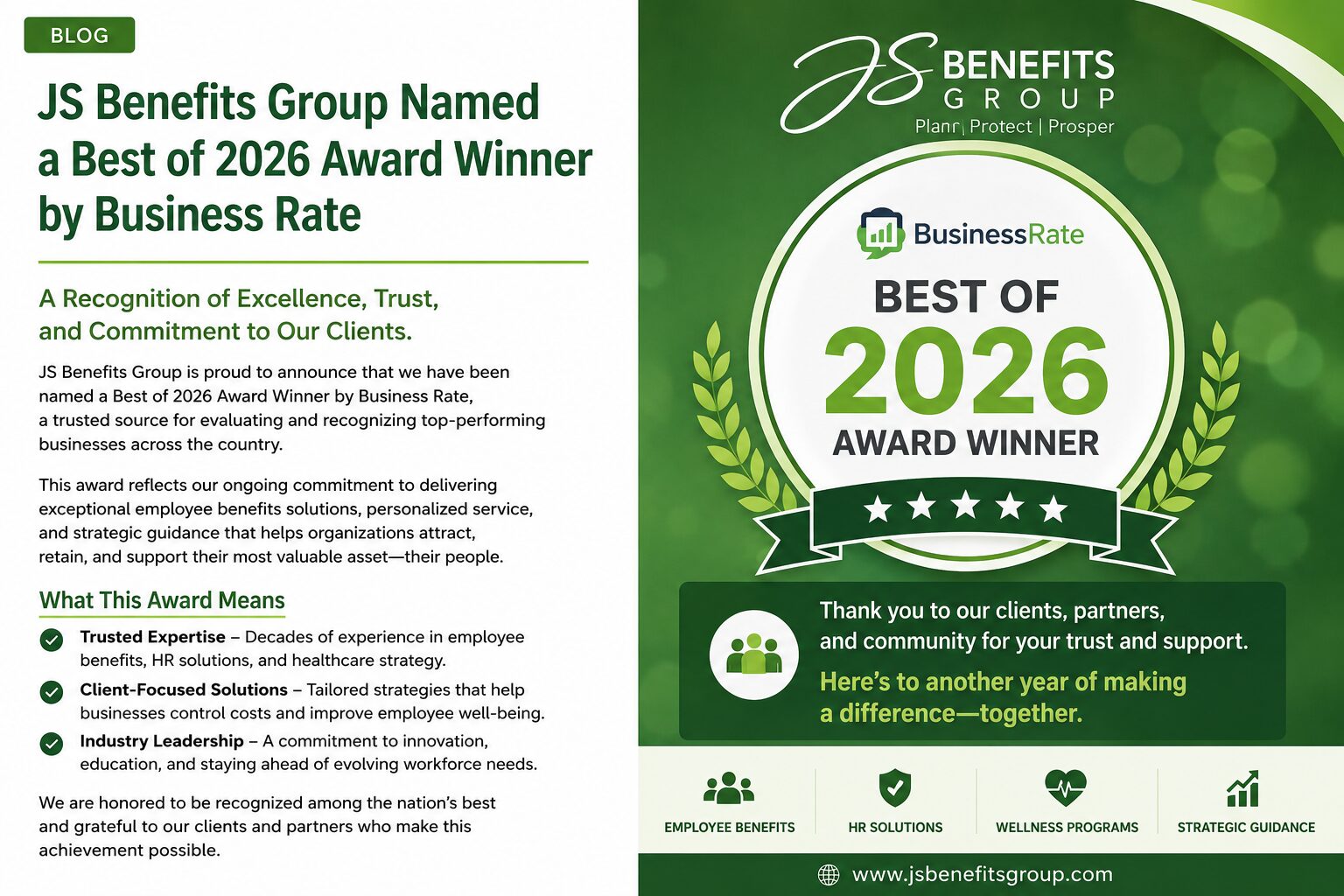 JS Benefits Group recognized as a Best of 2026 Award Winner by Business Rate for excellence in employee benefits consulting, HR services, corporate wellness, and healthcare cost management.