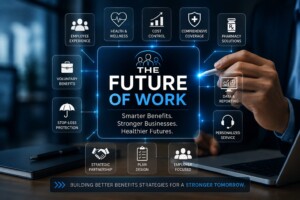 Future of Work and Level Funded Health Plans showing digital employee benefits strategy, healthcare cost management, and workforce benefits planning.