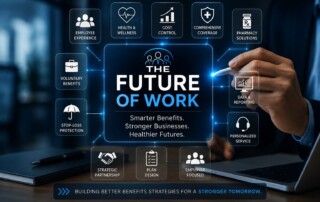 Future of Work and Level Funded Health Plans showing digital employee benefits strategy, healthcare cost management, and workforce benefits planning.