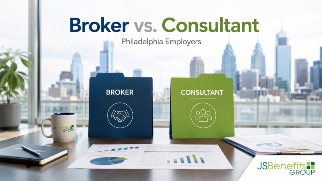 Comparison image showing benefits broker vs. consultant for Philadelphia employers with JS Benefits Group branding.