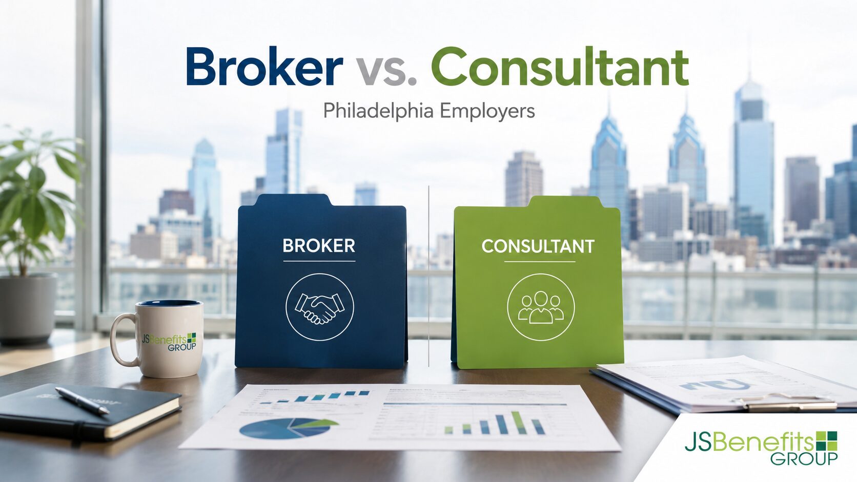 Comparison image showing benefits broker vs. consultant for Philadelphia employers with JS Benefits Group branding.