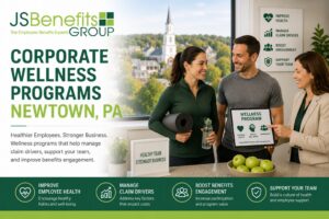 JS Benefits Group branded image showing corporate wellness programs for Newtown, PA businesses, with visuals for employee health, claim drivers, benefits engagement, and team support.
