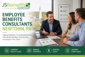 Employee benefits consultant meeting with Newtown, PA small business owners, featuring JS Benefits Group branding and benefits planning icons.