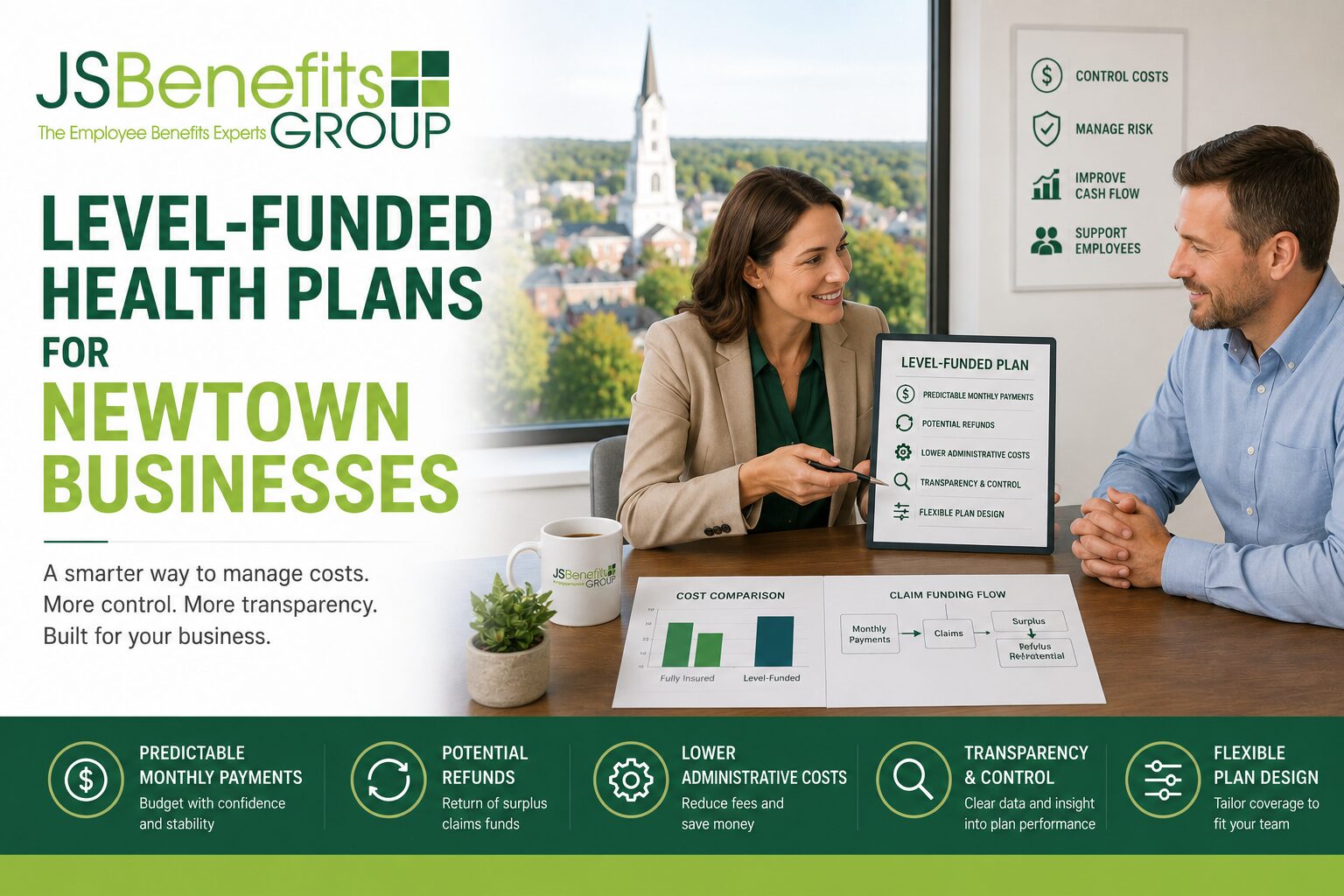 JS Benefits Group branded image showing level-funded health plans for Newtown businesses, with visuals for cost comparison, predictable payments, risk management, refunds, and plan flexibility.