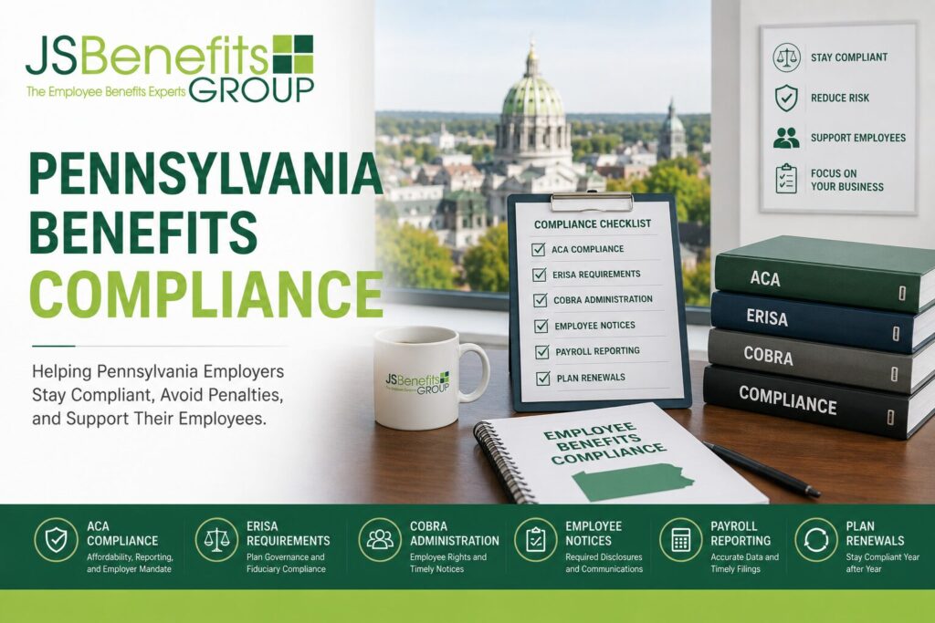 Branded JS Benefits Group graphic showing a Pennsylvania employee benefits compliance checklist with ACA, ERISA, COBRA, notices, payroll reporting, and plan renewals.