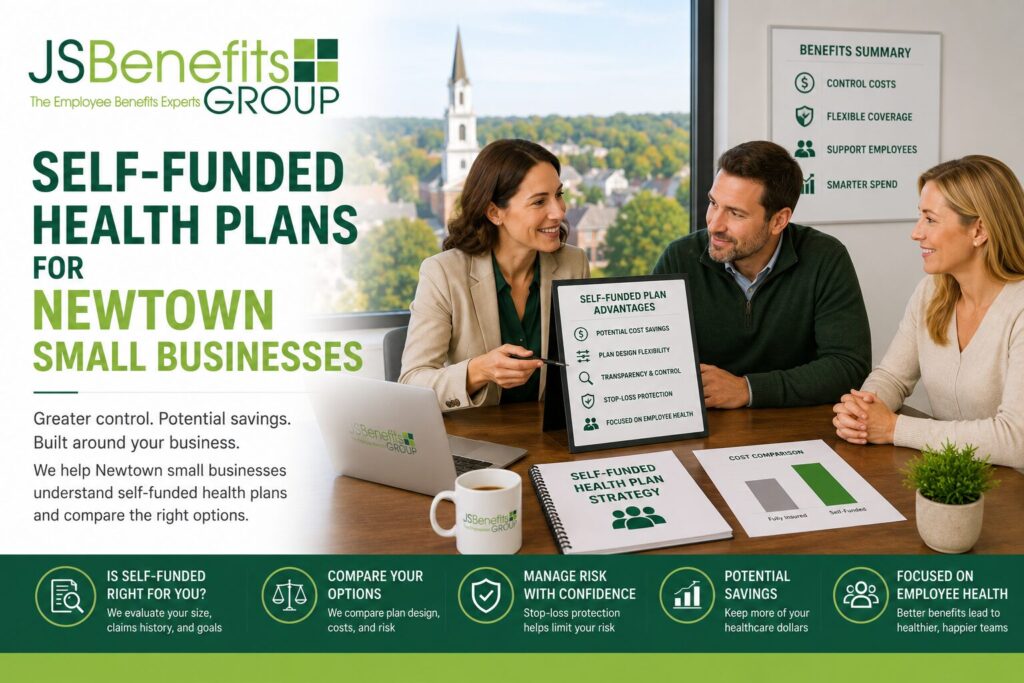 JS Benefits Group branded image showing self-funded health plans for Newtown small businesses, with visuals for plan control, cost management, transparency, stop-loss protection, and employee support.
