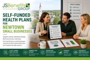 JS Benefits Group branded image showing self-funded health plans for Newtown small businesses, with visuals for plan control, cost management, transparency, stop-loss protection, and employee support.