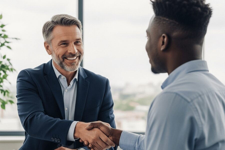 Employee benefits consultant shaking hands with a Yardley, PA business owner after discussing employee benefits solutions