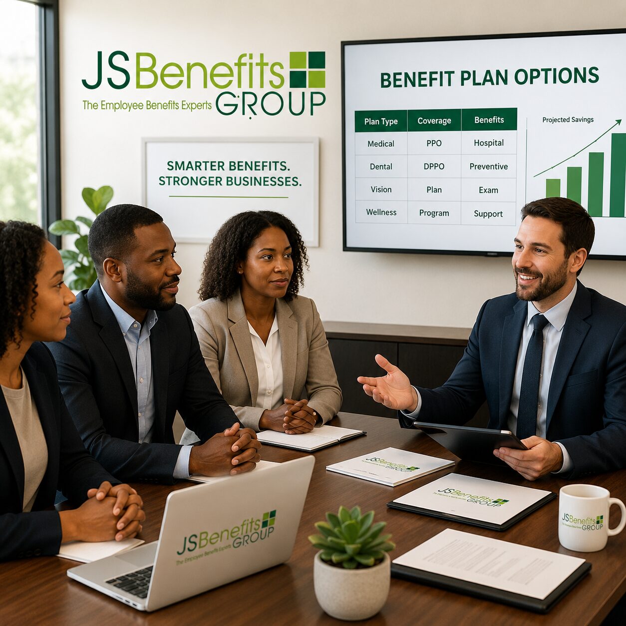 Employee benefits consultant presenting healthcare benefit plan options during a corporate renewal strategy meeting at JS Benefits Group.