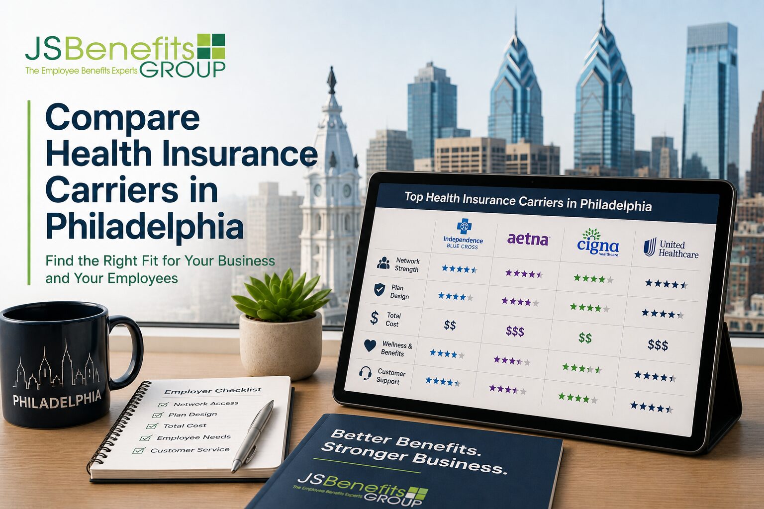 JS Benefits Group image comparing health insurance carriers for Philadelphia employers.