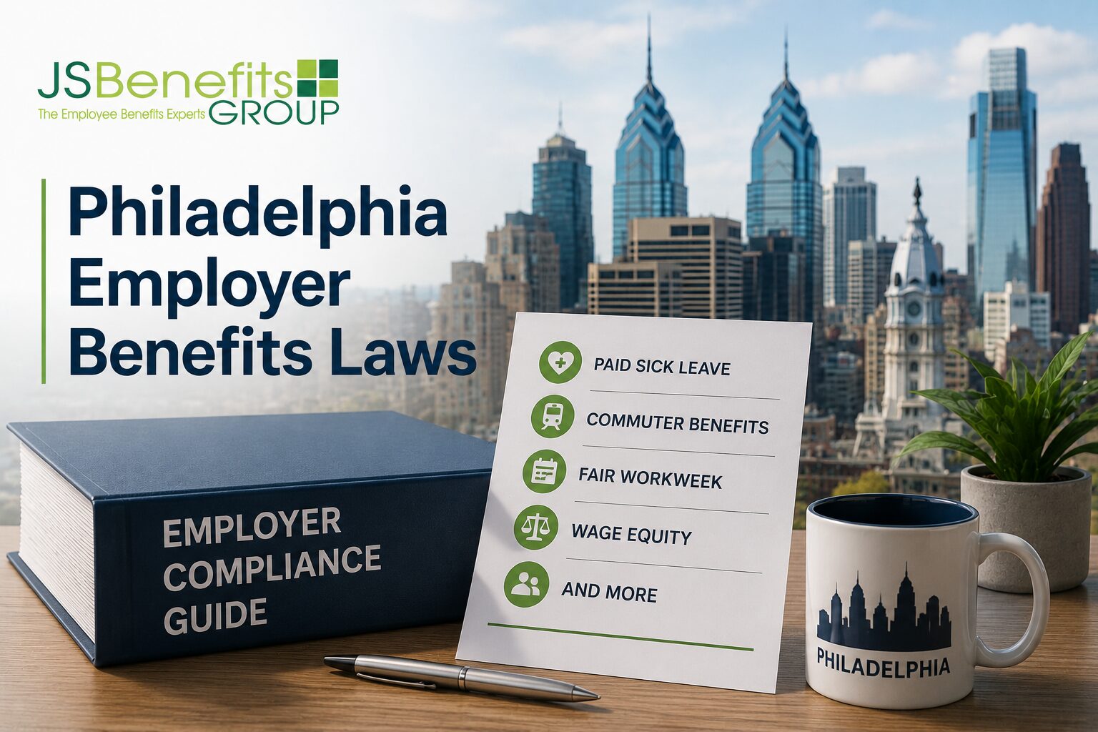 JS Benefits Group image about Philadelphia employer benefits laws, including paid sick leave, commuter benefits, Fair Workweek, and wage equity.