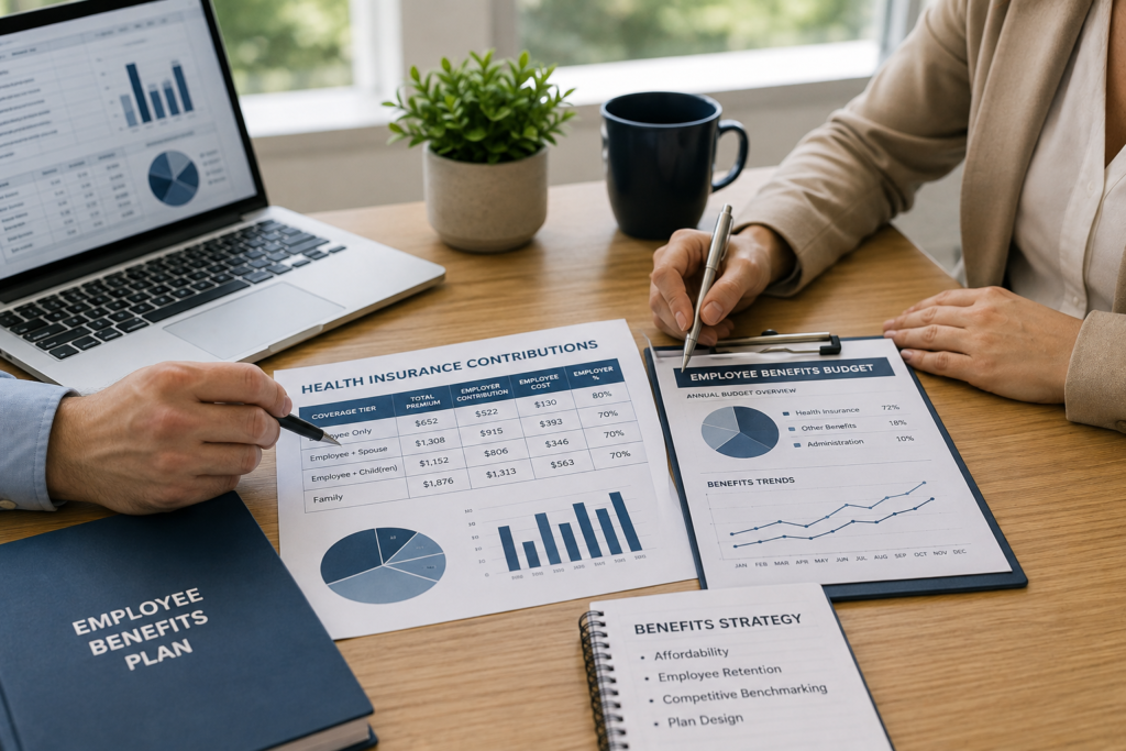 Benefits consultant and employer reviewing health insurance contribution costs and benefits budget.