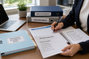 Employer reviewing dependent eligibility documents and enrollment records during a benefits audit.