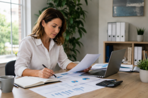 Small business owner reviewing health insurance and tax credit documents in an office.