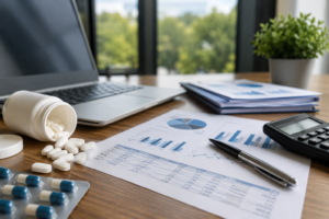 Prescription medication, pharmacy cost reports, calculator, and laptop on an office desk.