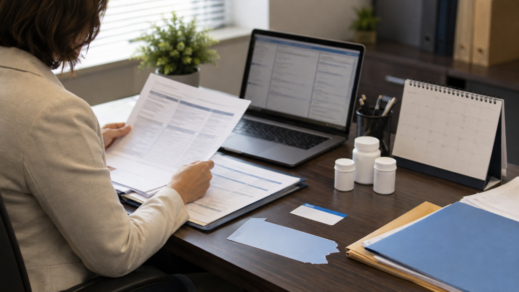 HR professional reviewing Medicare Part D coverage documents in a Pennsylvania office.