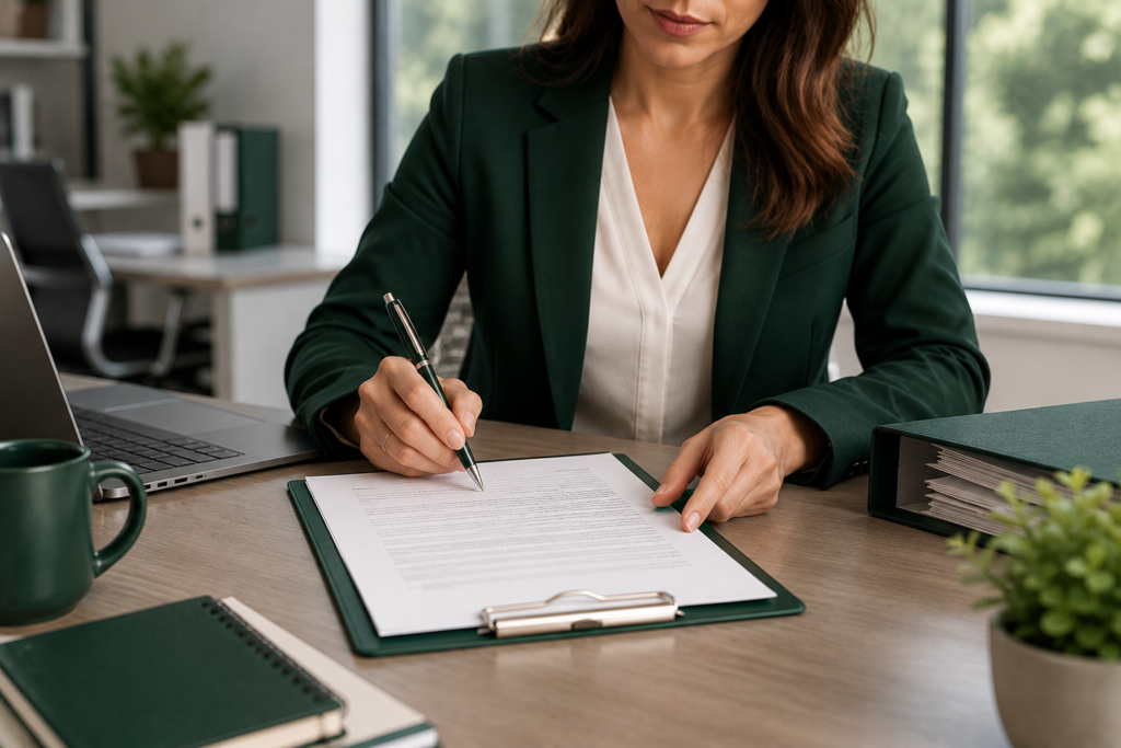 Benefits administrator reviewing retirement plan compliance documents at office desk