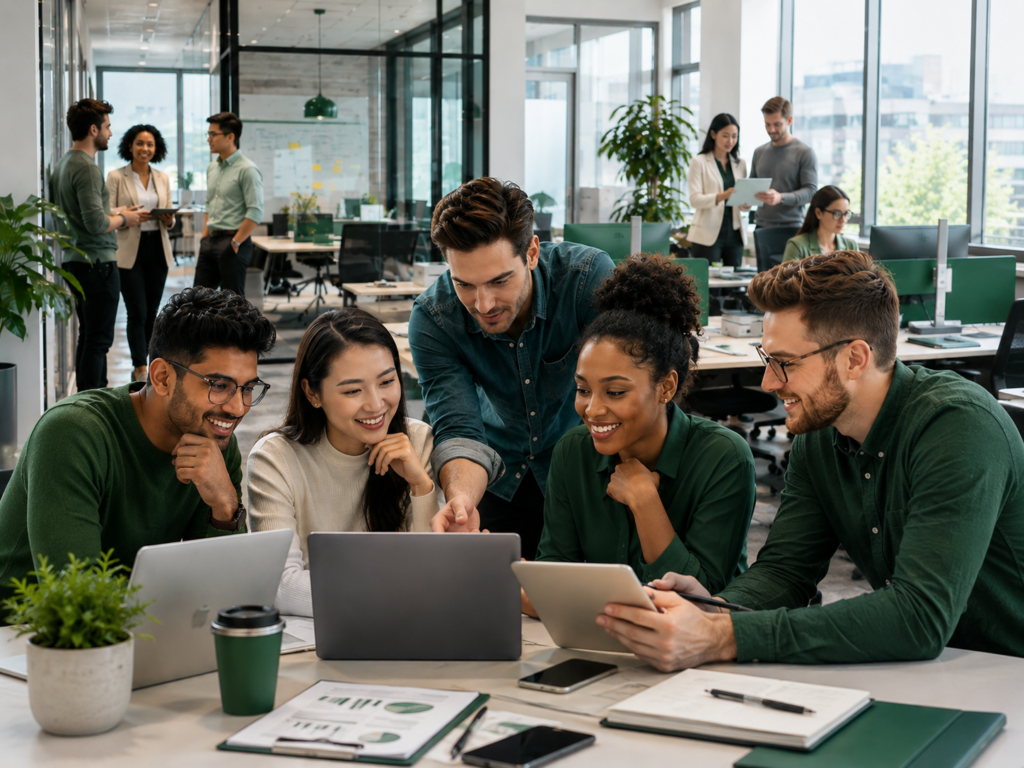 New Jersey employees collaborating in a modern office with benefits materials