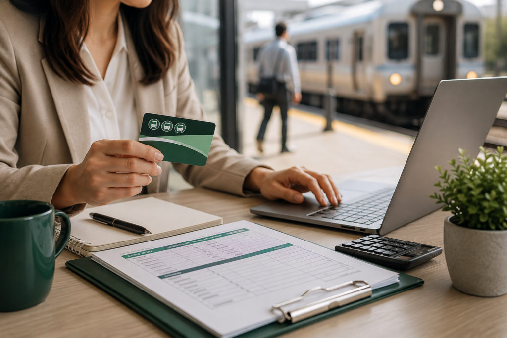 Employee holding transit card beside payroll documents and commuter train