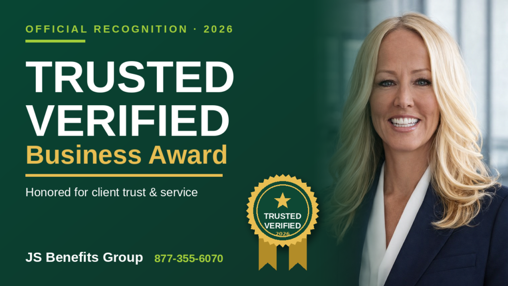 Jennifer Schaefer, Founder and CEO of JS Benefits Group, holding the 2026 Trusted Business Award