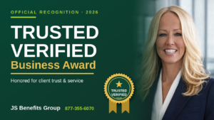 Jennifer Schaefer, Founder and CEO of JS Benefits Group, holding the 2026 Trusted Business Award